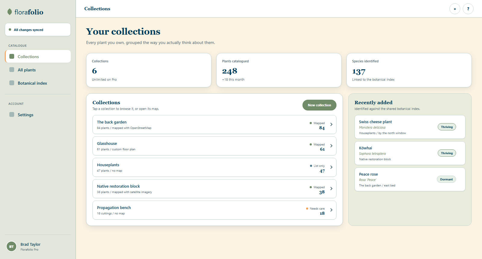 Florafolio collections list showing plant counts per collection