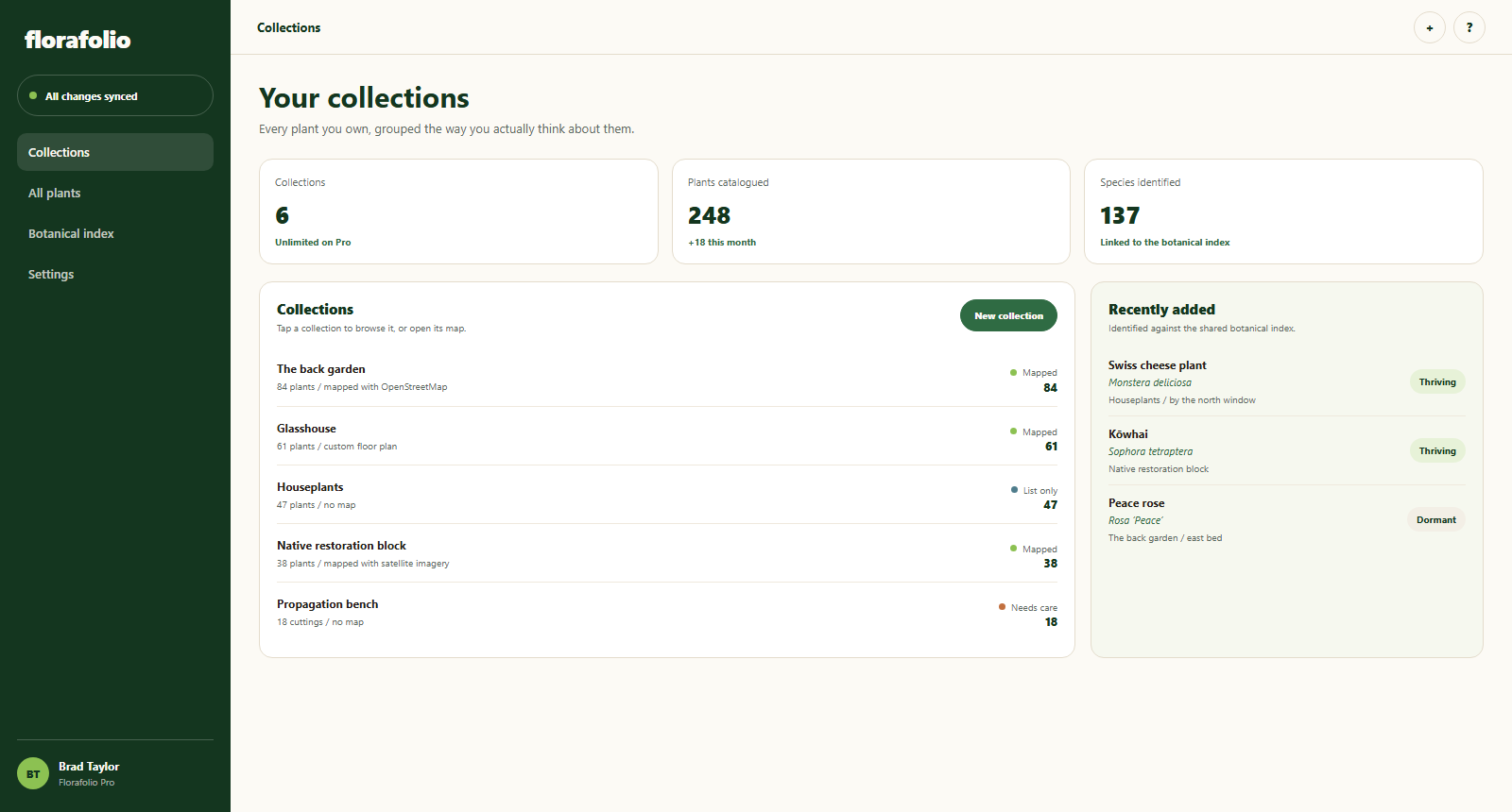 Florafolio collections list showing plant counts per collection