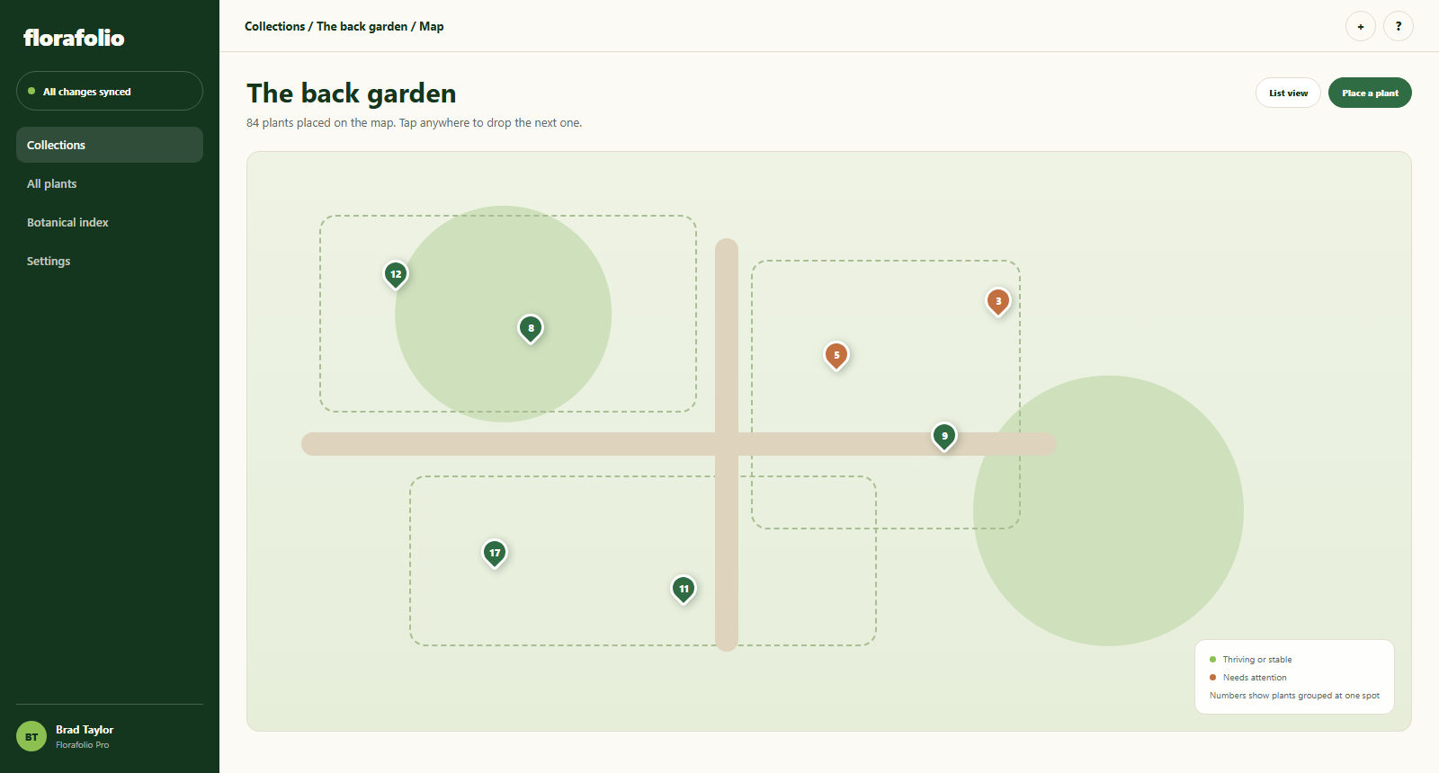 Florafolio map view with plants pinned around a garden